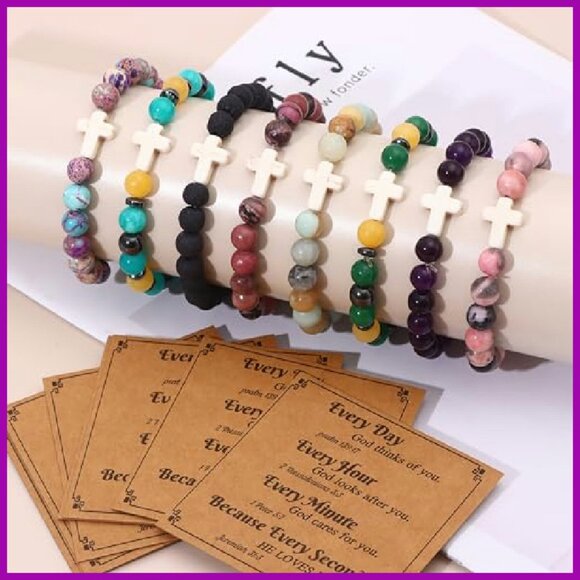 8mm Natural Stone Cross Bracelet Set, Stretch Fit, Christian Jewelry Gift - Picture 7 of 8